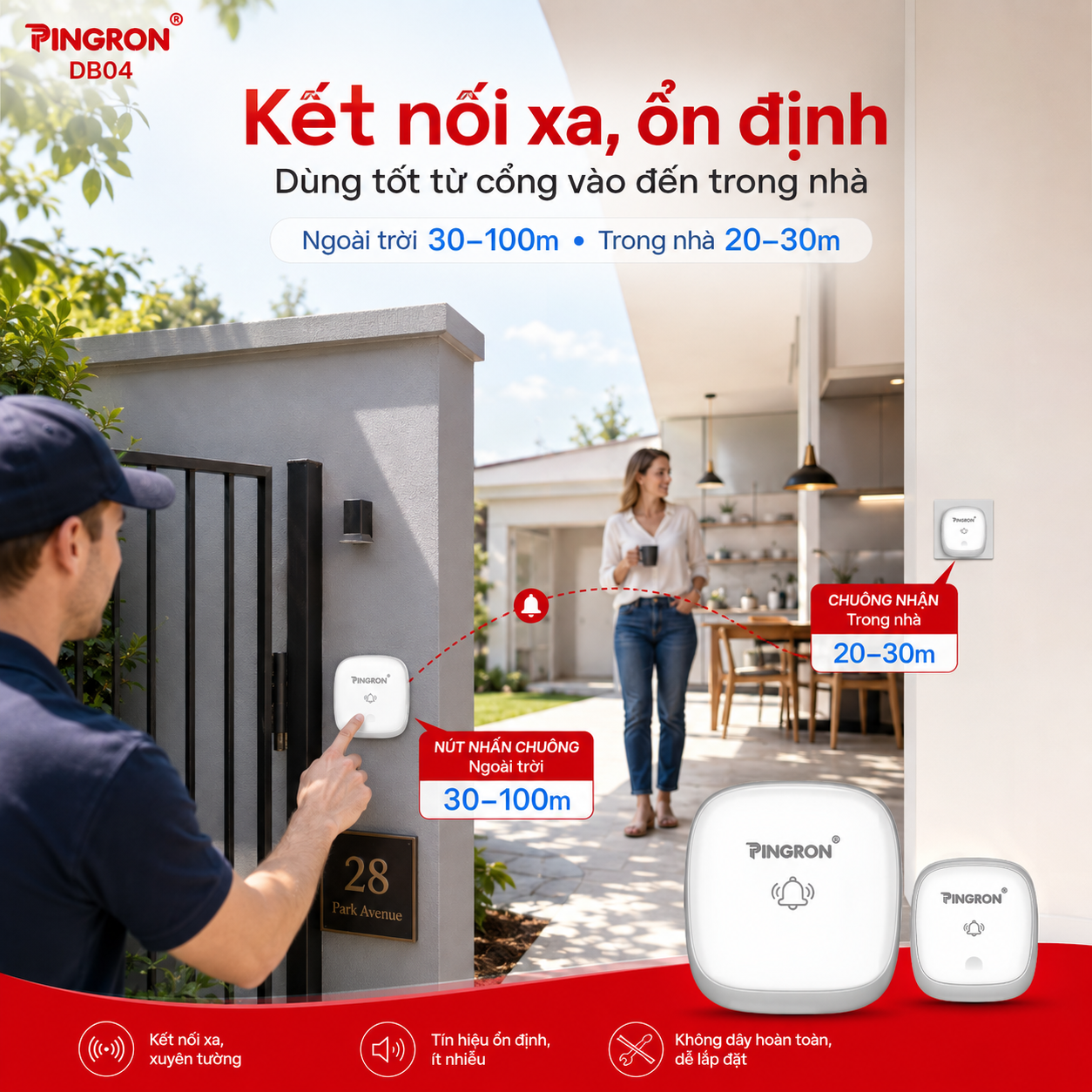 Chuông cửa PINGRON DB04 kết nối 20 đến 30m