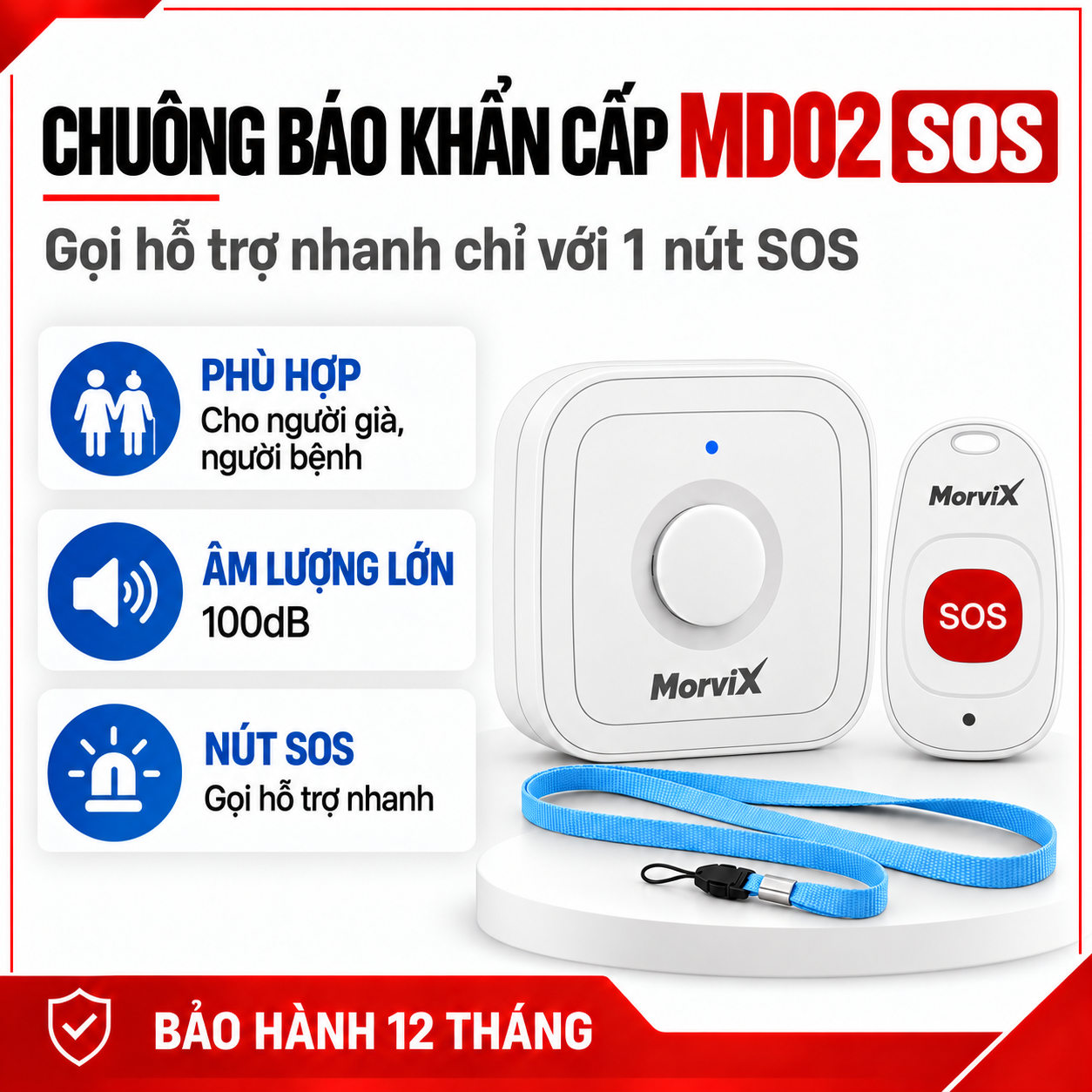 Chuông Báo Khẩn Cấp Cho Người Già MorviX MD02 | Âm Lượng Lớn 100dB, Dễ Dùng Cho Người Lớn Tuổi