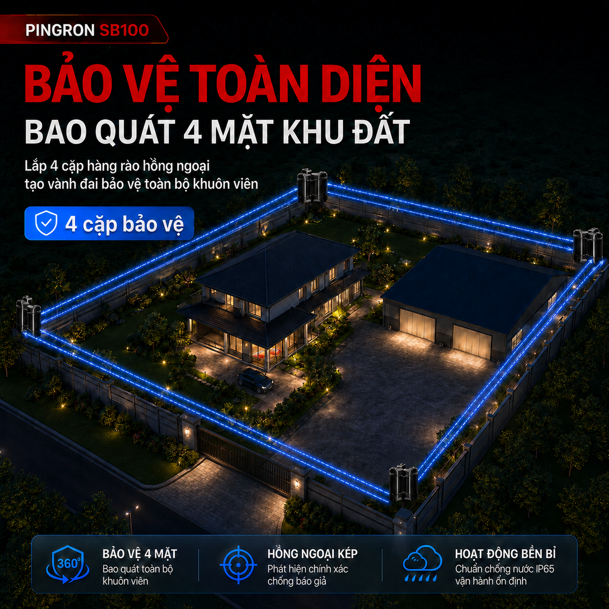 Bốn cặp beam PINGRON SB100 bố trí quanh bốn mặt khu đất để bảo vệ chu vi.