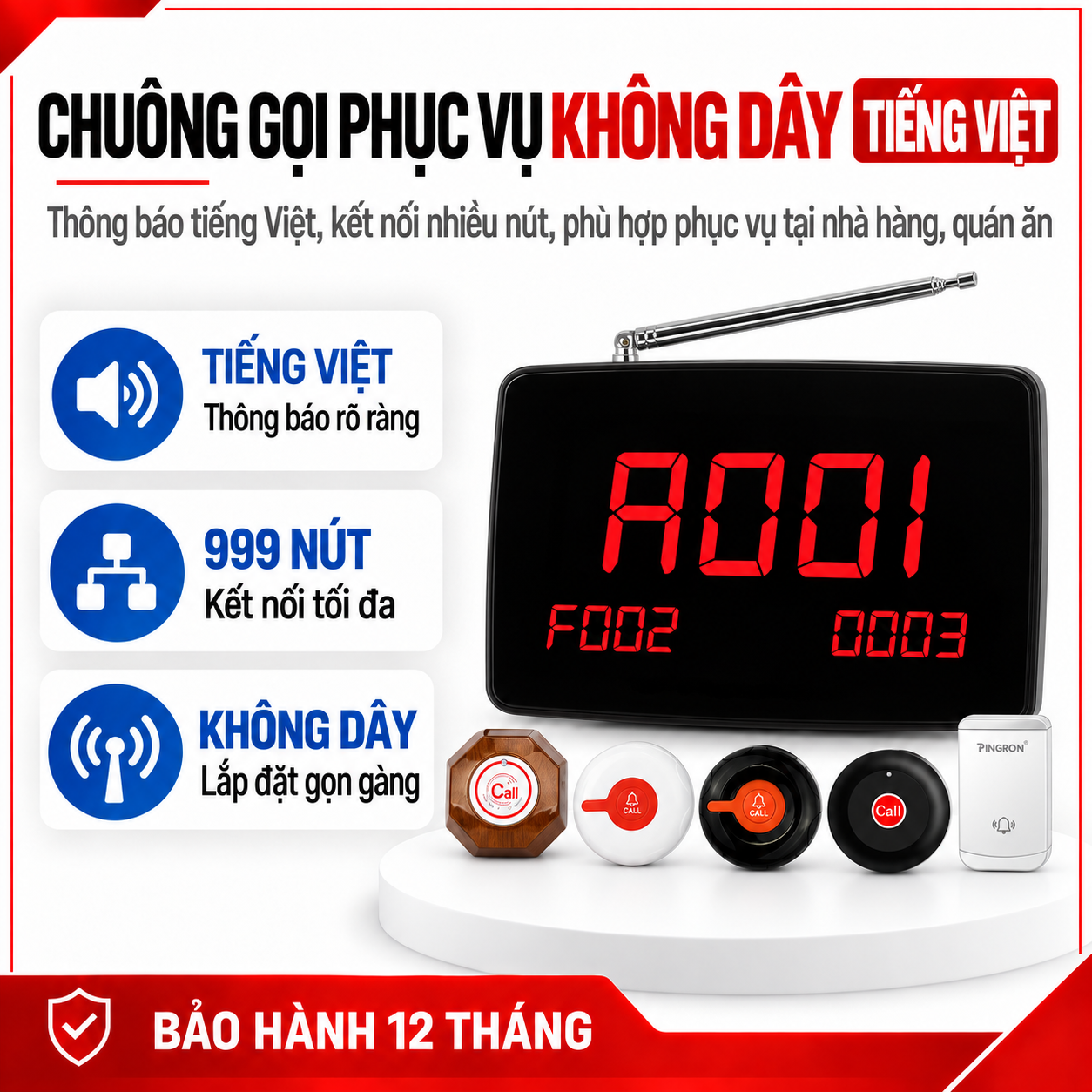Chuông gọi phục vụ không dây PINGRON PV02 - Tiếng Việt