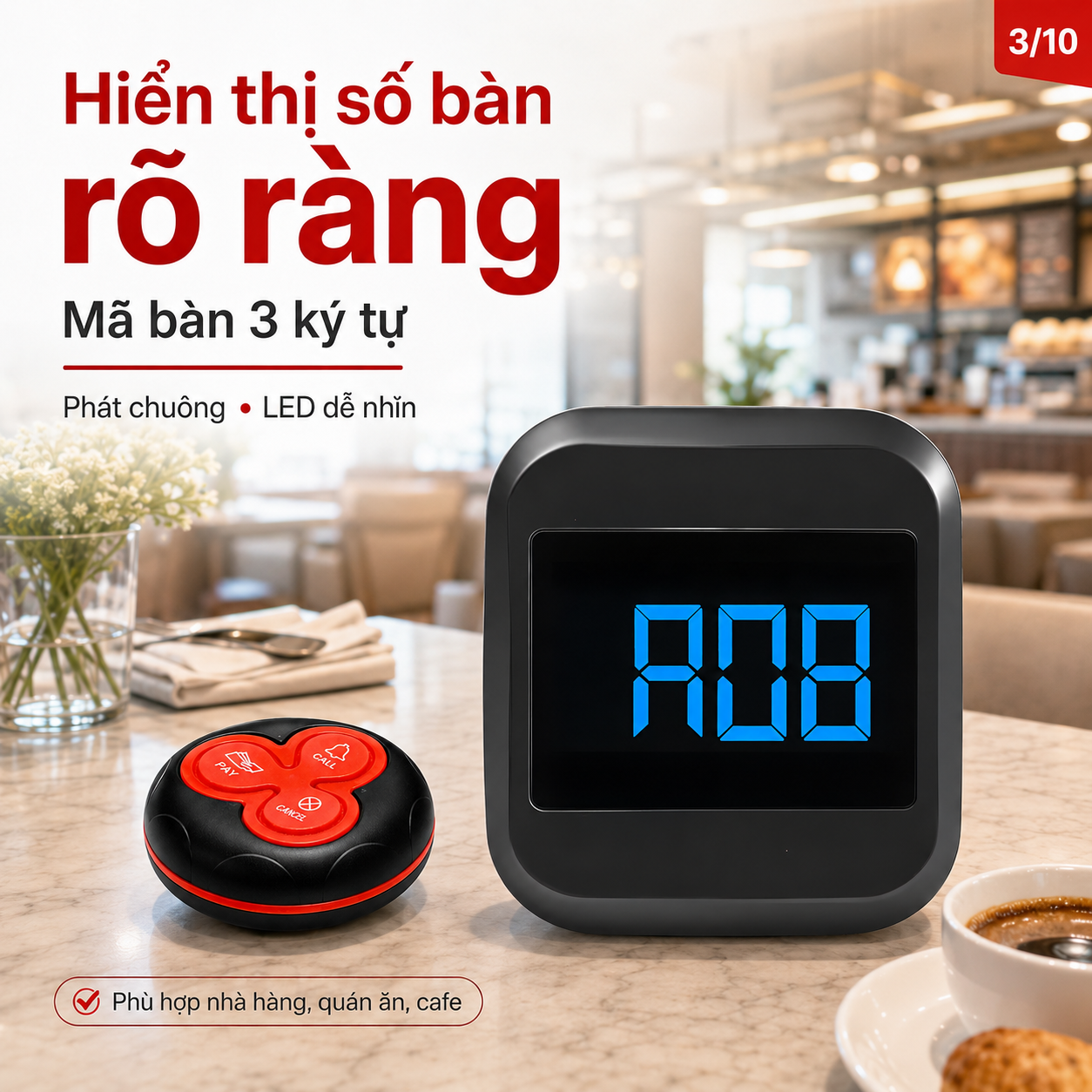 Màn hình chuông gọi phục vụ PINGRON PV07 hiển thị mã bàn bằng LED