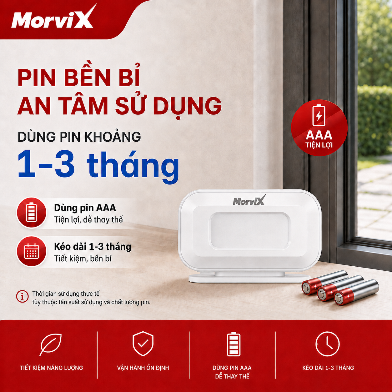 Chuông báo khách MORVIX MD03RC dùng pin AAA khoảng 1 đến 3 tháng