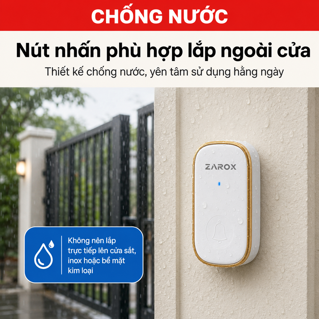Nút nhấn chuông cửa ZAROX ZD02 chống nước lắp ngoài cổng
