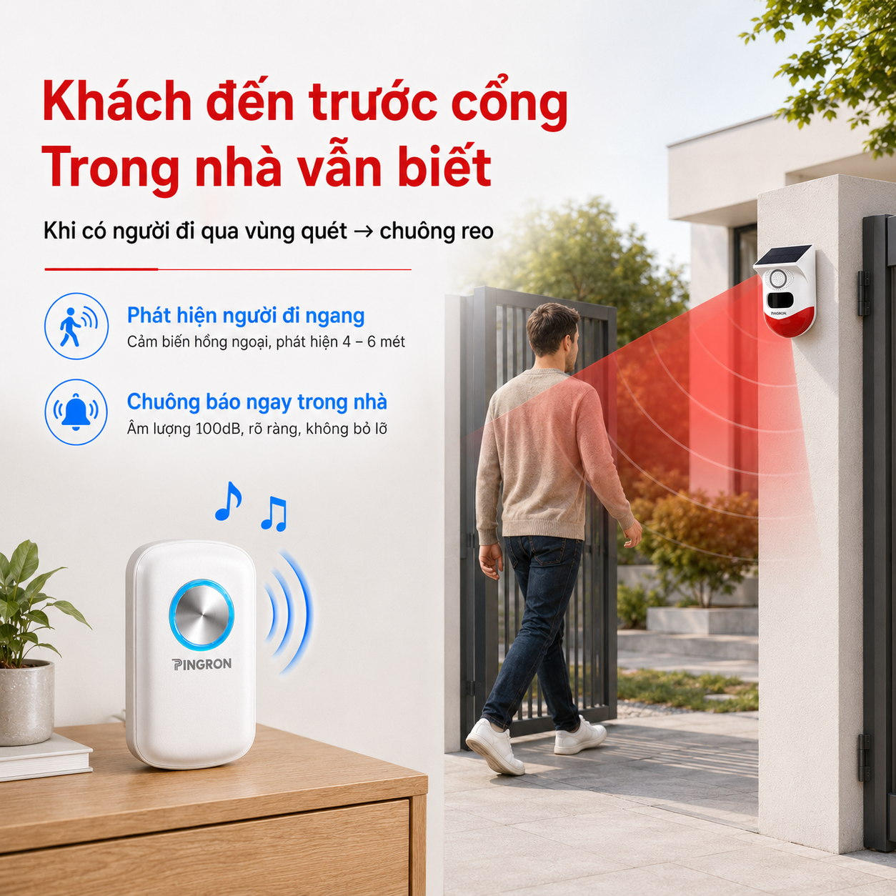 Khách đi qua vùng quét cảm biến -> chuông trong nhà phát âm báo