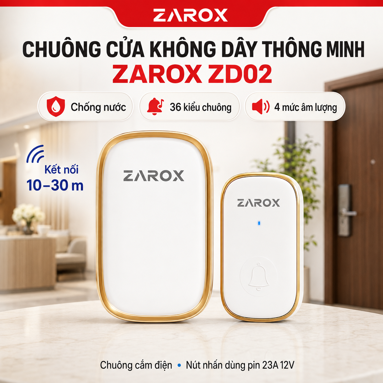 Chuông Cửa Không Dây ZAROX ZD02 | Chống Nước, 36 Kiểu Chuông