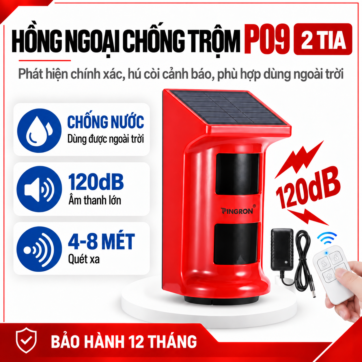 Thiết Bị Báo Động Chống Trộm Hồng Ngoại Ngoài Trời PINGRON P09 | Chống Nước, Âm Thanh Lớn 120dB