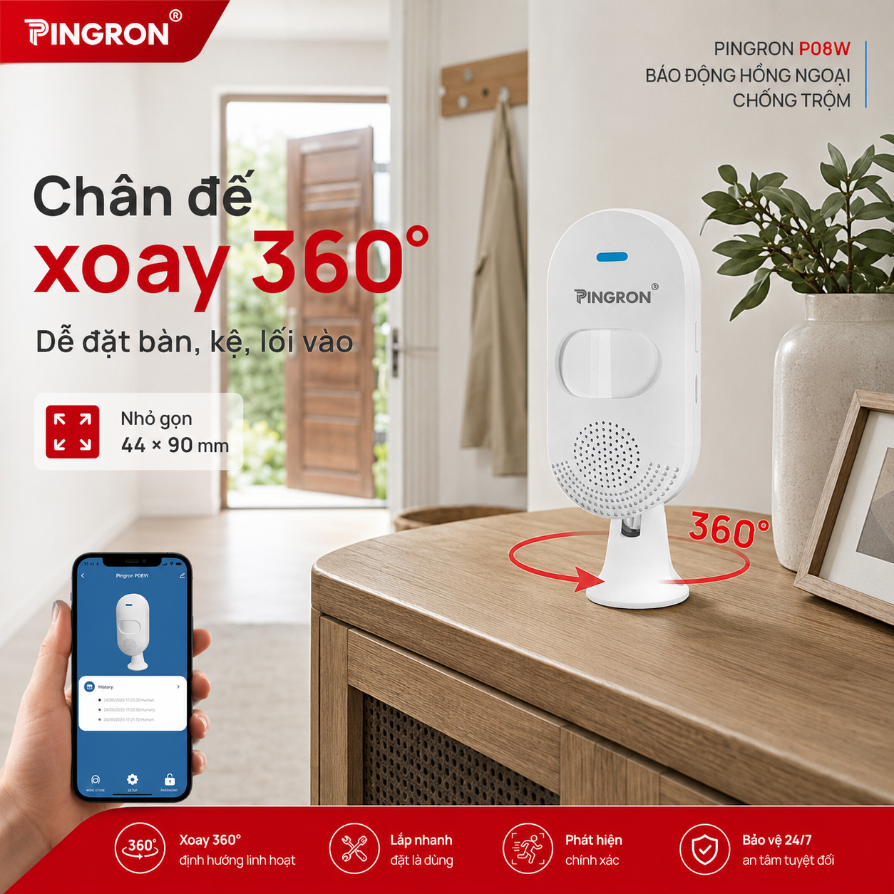 Chuông báo động Pingron P08W với chân đế xoay 360 độ điều chỉnh hướng linh hoạt