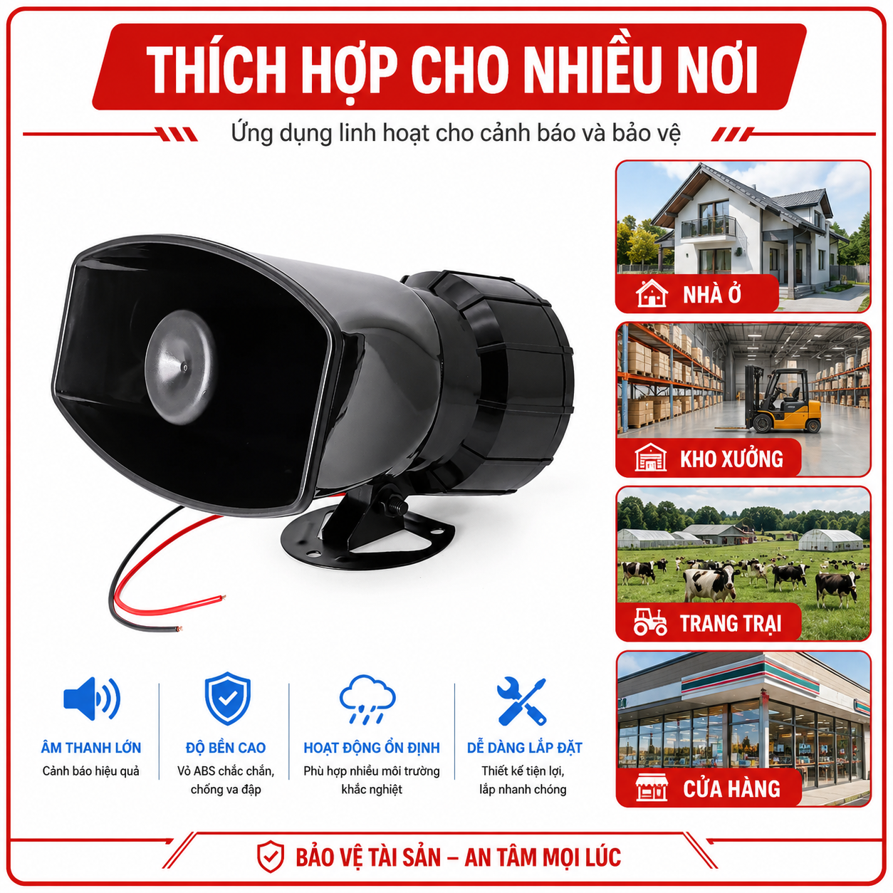 Còi báo động S03 dùng cho nhà ở cửa hàng kho xưởng và trang trại