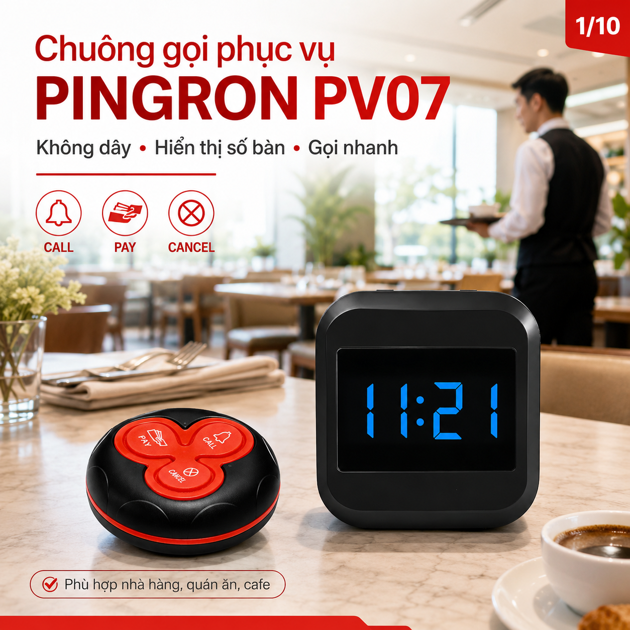 Chuông Gọi Phục Vụ PINGRON PV07 | Vừa Báo Gọi, Vừa Hiện Số Bàn, Màn Hình Nhỏ Gọn