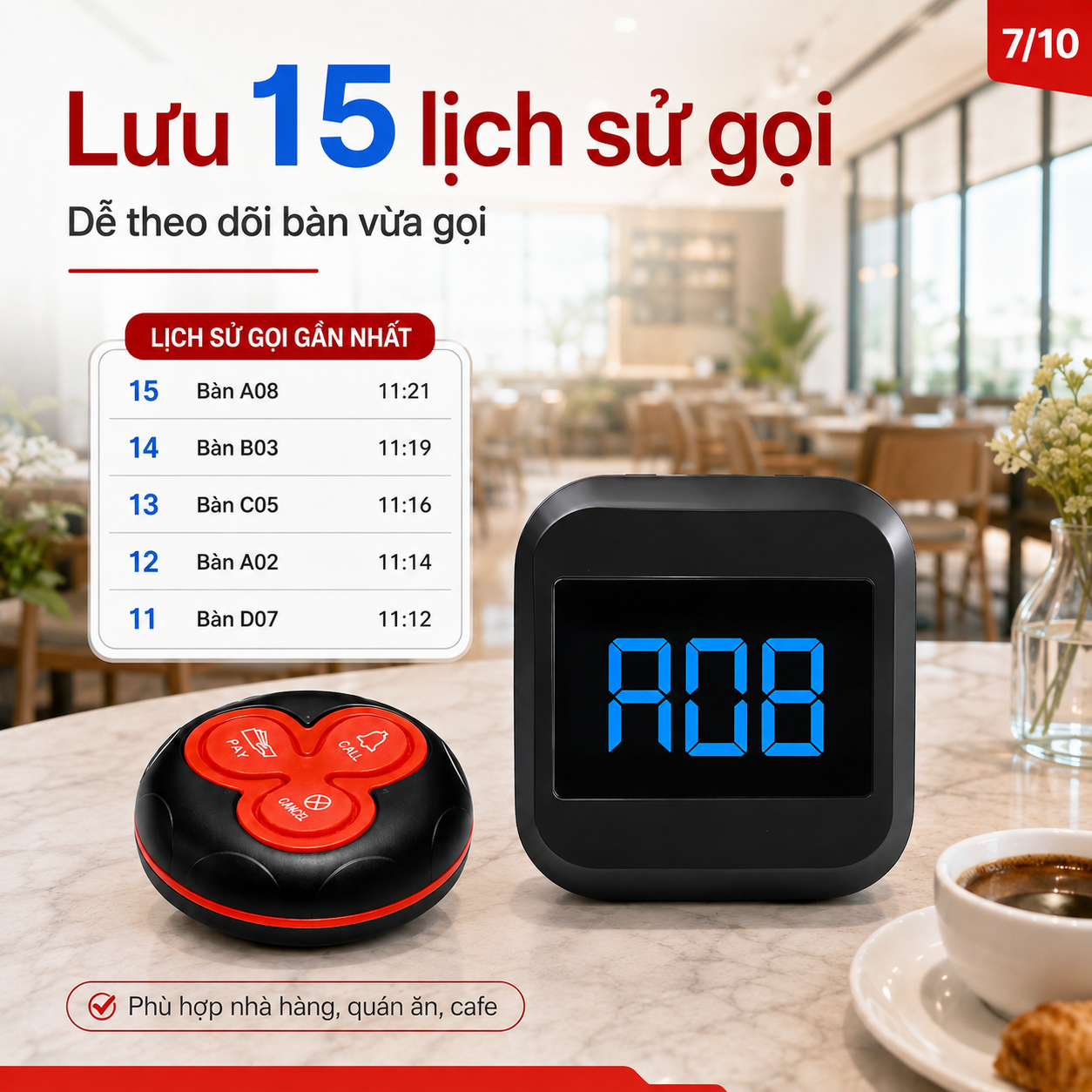 Chuông gọi phục vụ PINGRON PV07 hỗ trợ lưu 15 lịch sử gọi từ các bàn