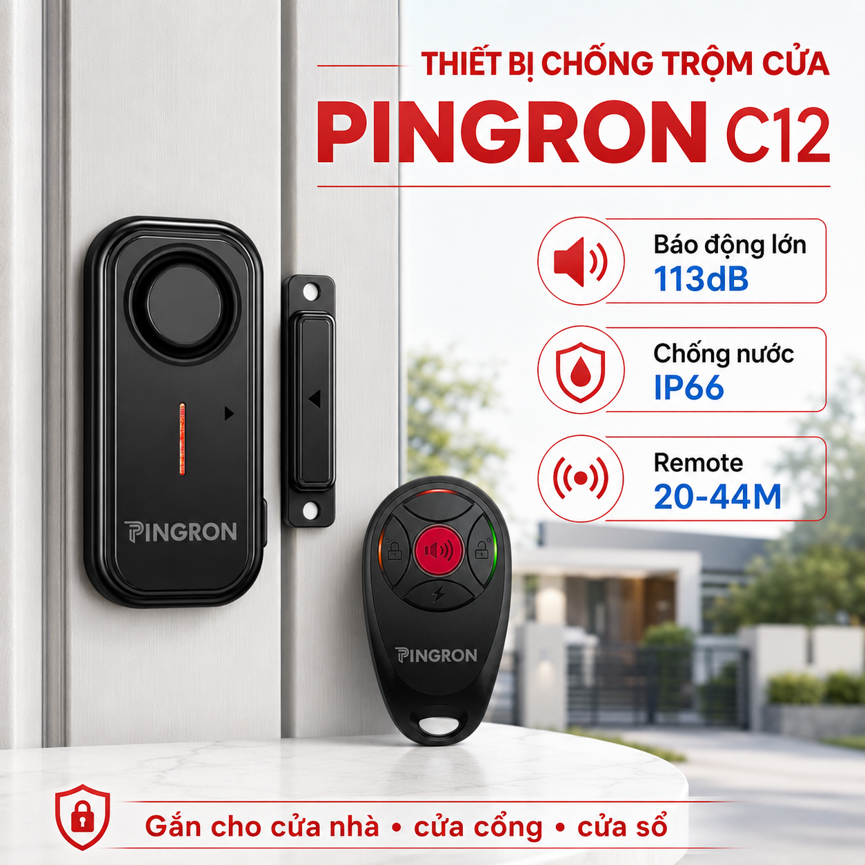 Thiết Bị Chống Trộm Gắn Cửa Pingron C12 | Chống nước, Âm Thanh Lớn 113dB