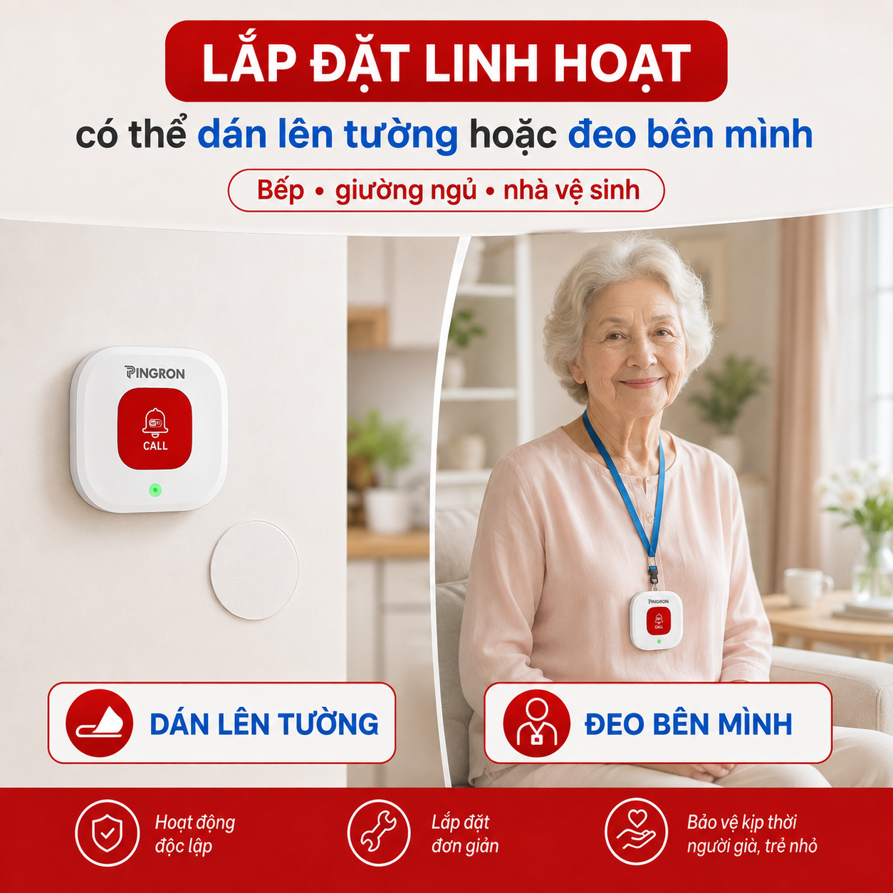 Chuông báo khẩn cấp PINGRON N01W có thể dán lên tường hoặc đeo bên mình