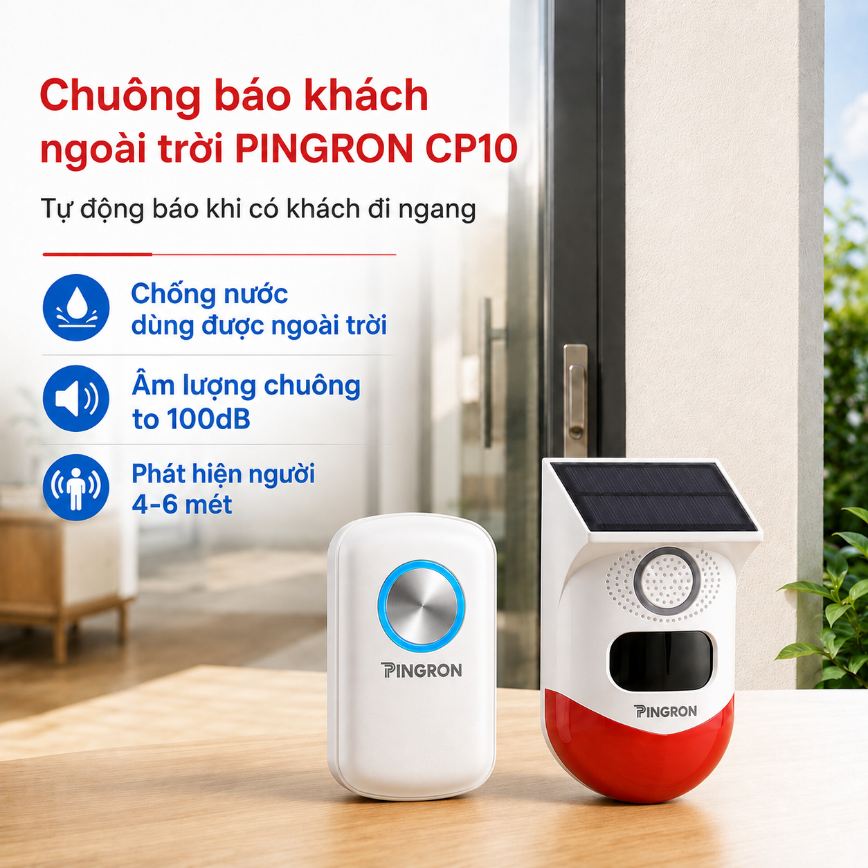 Chuông Báo Khách Ngoài Trời PINGRON CP10 | Chống Nước, Khoảng Cách Quét Xa 4-6 Mét