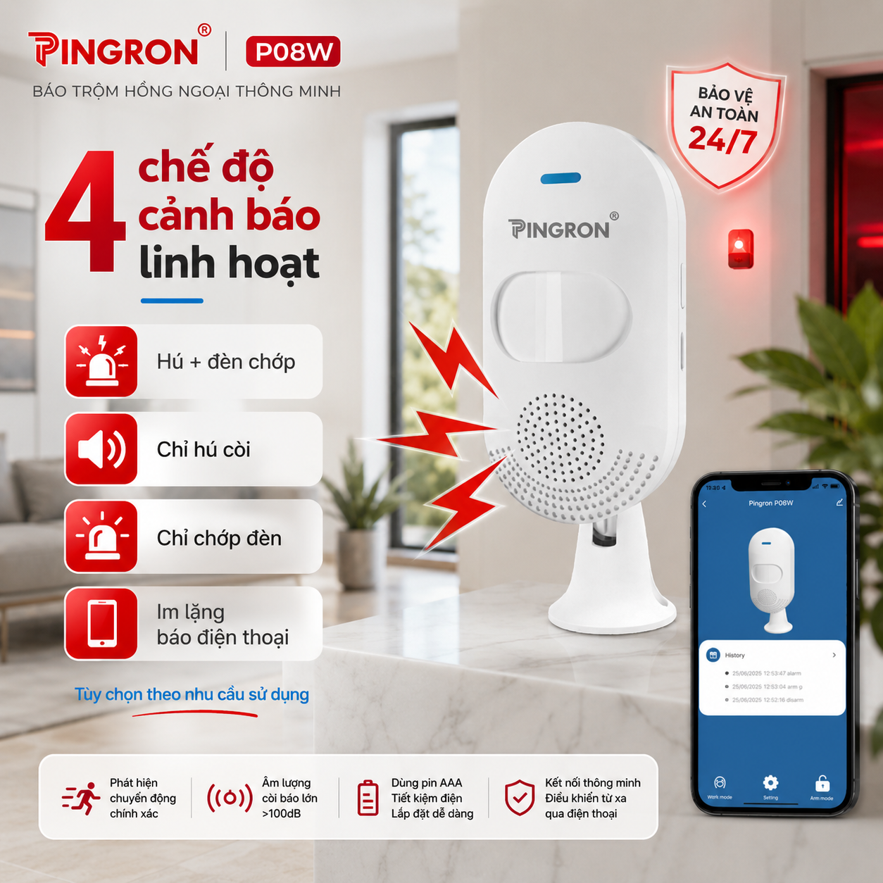 Pingron P08W hỗ trợ bốn chế độ còi đèn và cảnh báo về điện thoại