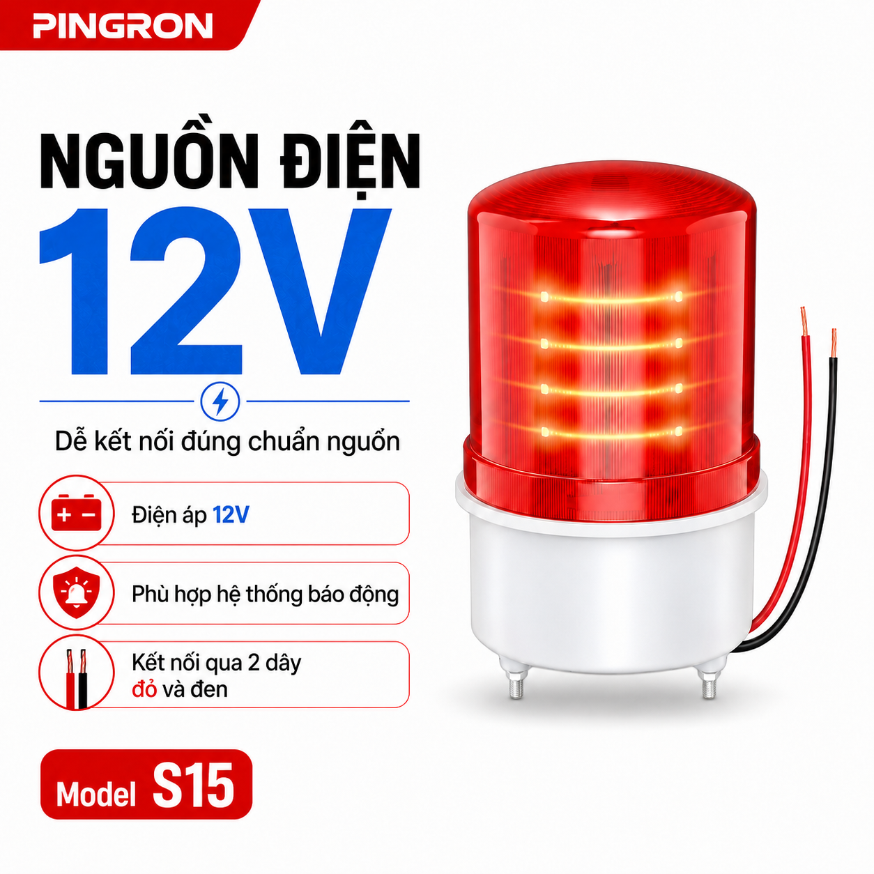 Đèn còi báo động PINGRON S15 sử dụng nguồn điện 12V