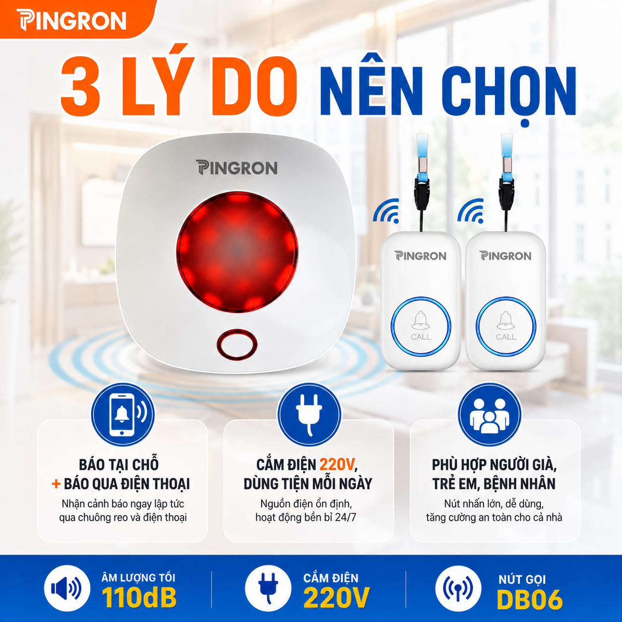 Chuông báo khẩn cấp người già Pingron S016W kèm nút SOS N03 / N02 / DB06 – ảnh 3