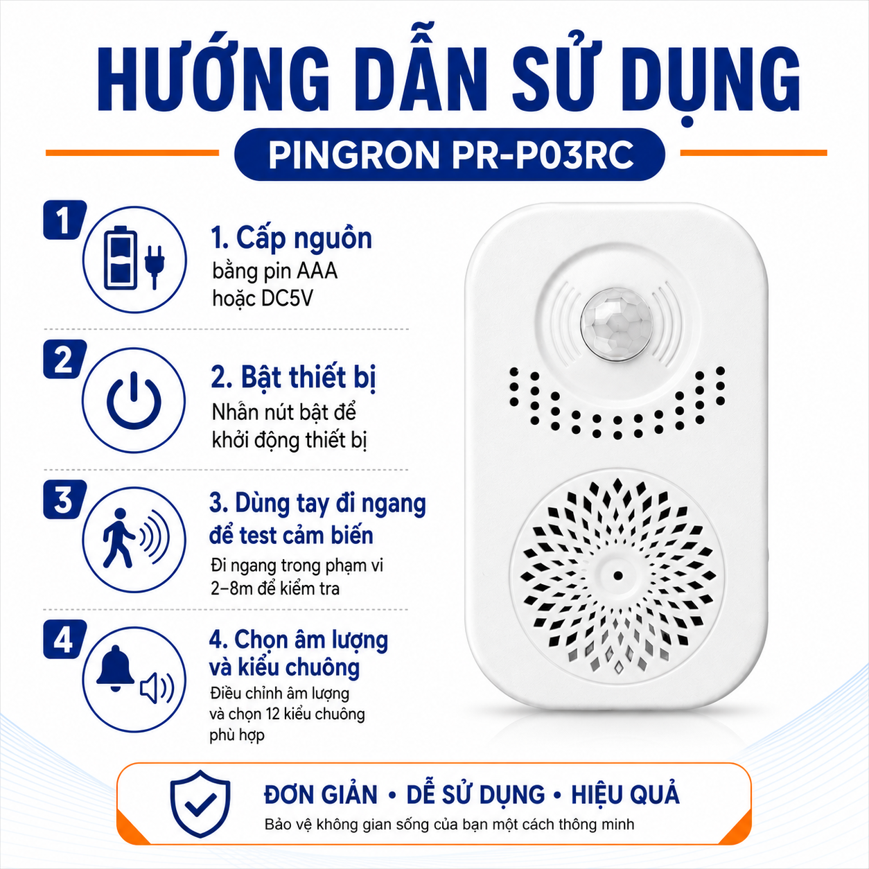 Chuông Báo Khách Tự Động PINGRON PR-P15RC Cảm Biến Hồng Ngoại, Ghi Âm Tiếng Việt – ảnh 7
