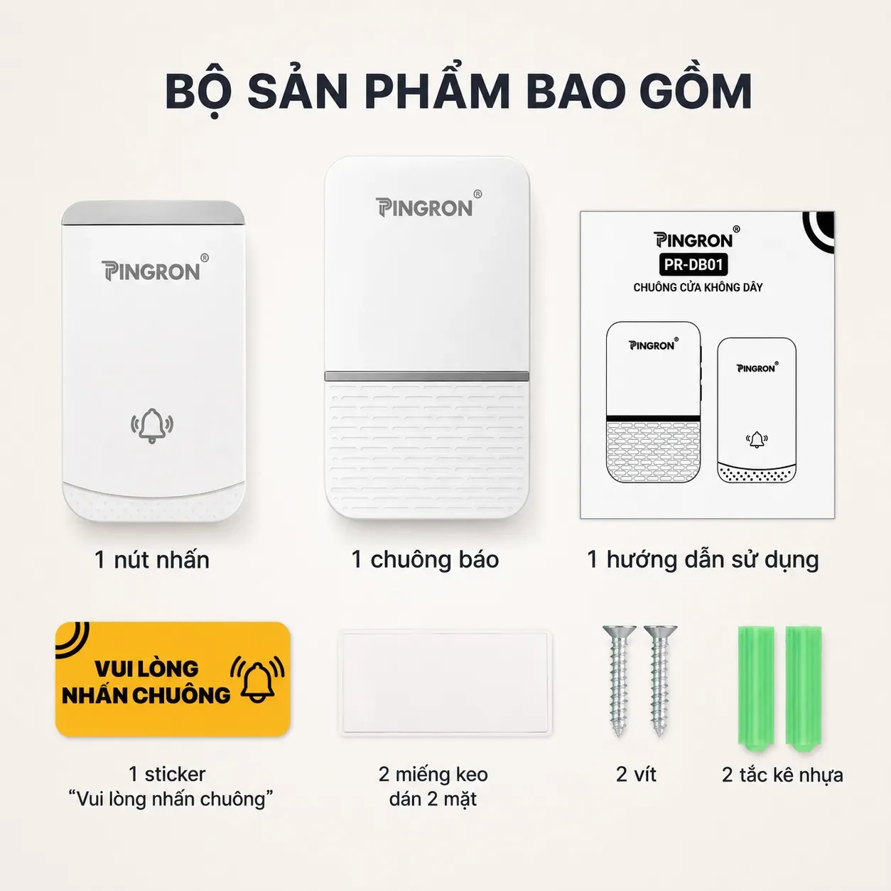 Bộ sản phẩm PINGRON PR-DB01 gồm nút nhấn chuông báo phụ kiện và hướng dẫn