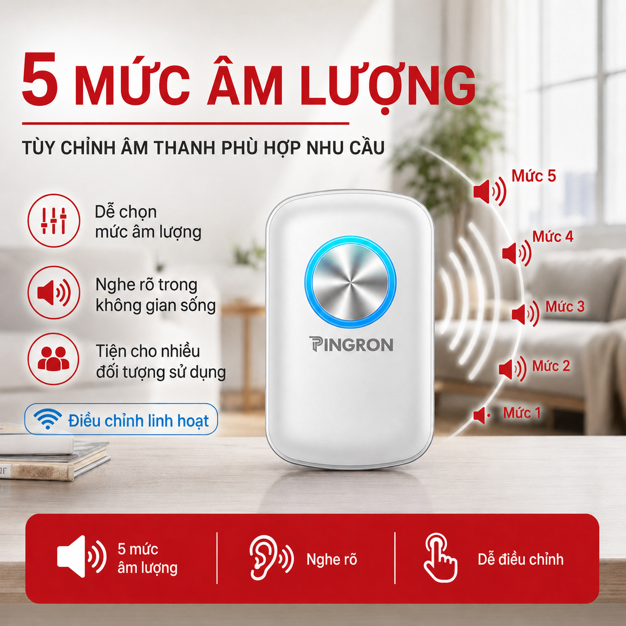 Chuông cho người giàhỗ trợ 5 mức âm lượng.