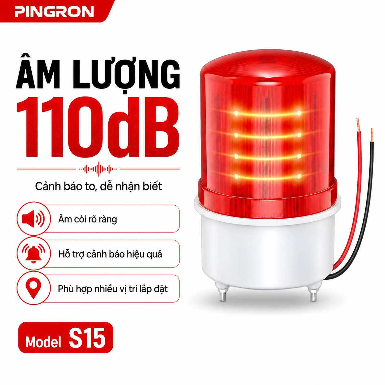 Đèn Còi Báo Động 12V PINGRON S15 – 110dB, Đèn Cảnh Báo Đỏ, Công Suất 10W – ảnh 3
