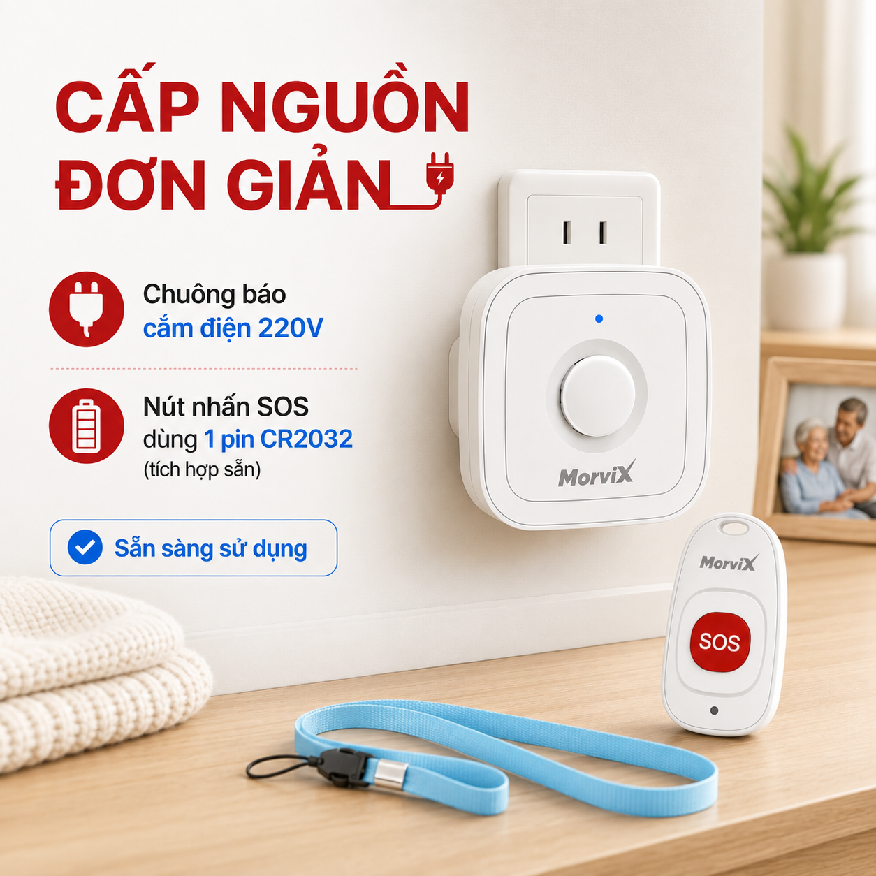 MorviX MD02 dùng chuông cắm điện 220 V và nút SOS dùng pin CR2032