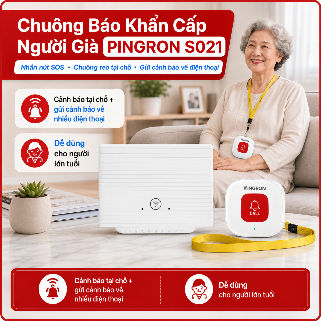 Chuông Báo Cho Người Già PINGRON S021 | Cảnh Báo Tại Chỗ Và Báo Qua Điện Thoại