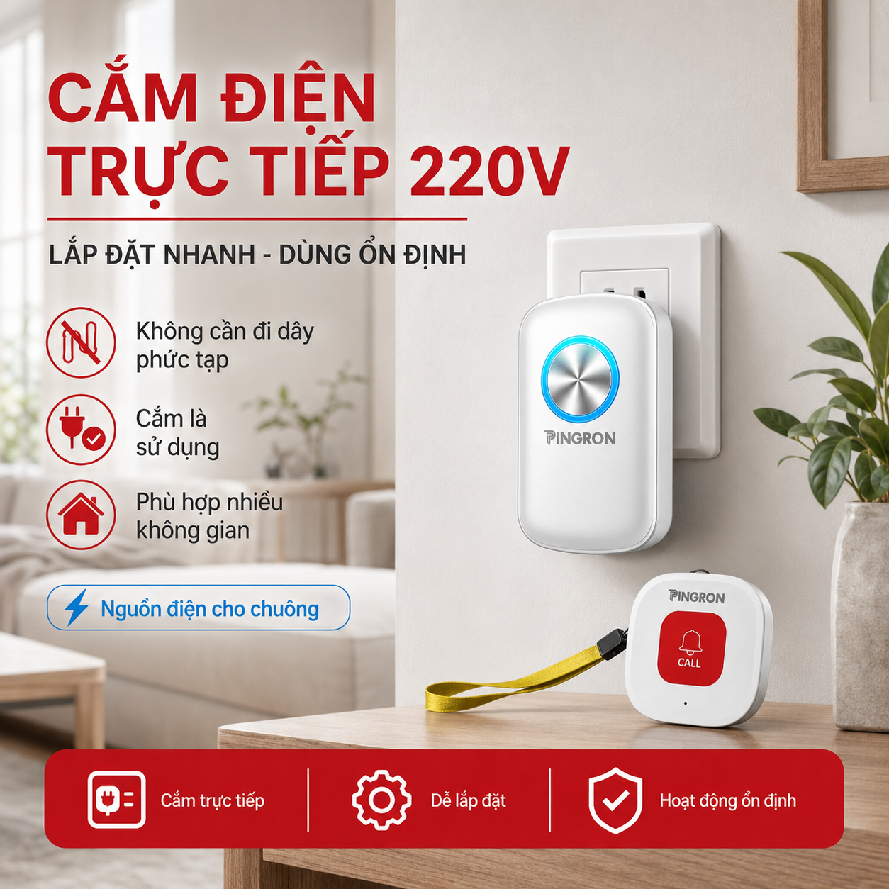 Chuông báo cho người già PINGRON C10+N03 cắm trực tiếp nguồn điện 220V.