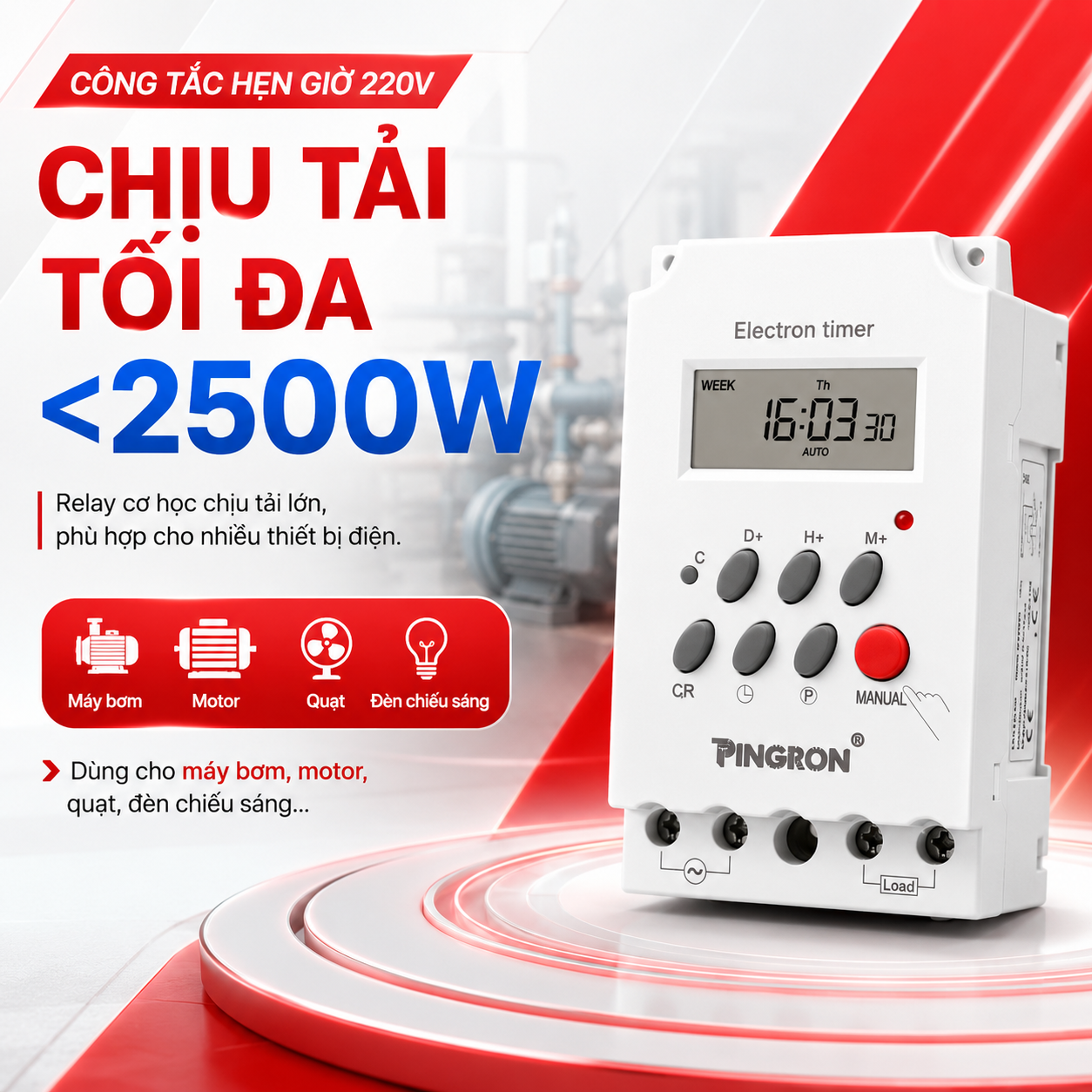 Công tắc hẹn giờ 220V PINGRON CTH30 chịu tải đến 25A