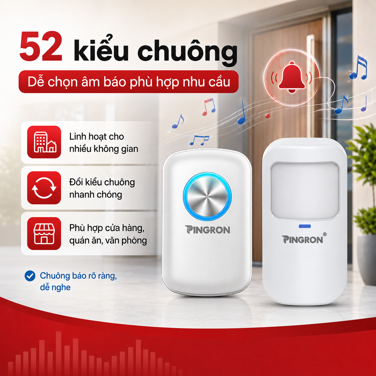 Chuông báo khách PINGRON hỗ trợ 52 kiểu chuông