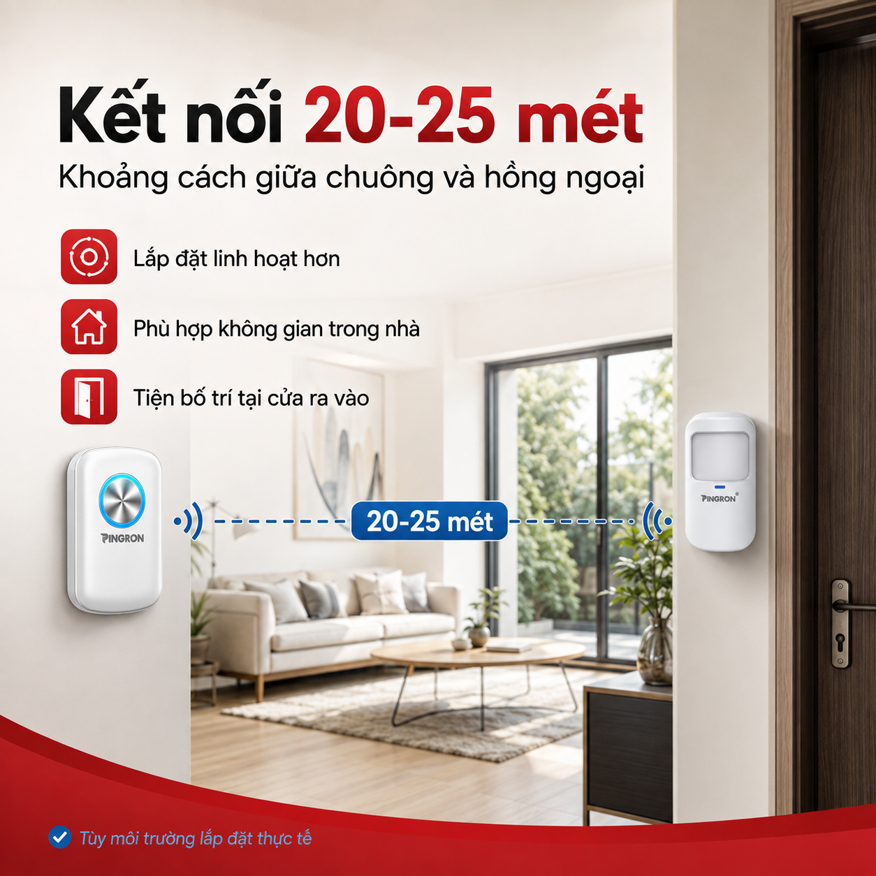 phạm vi kết nối 20–25 mét giữa chuông và cảm biến PINGRON.