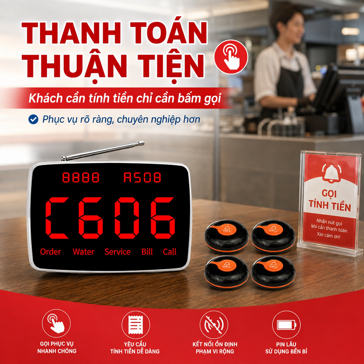 Nút gọi phục vụ PV06 hỗ trợ khách yêu cầu thanh toán tại bàn