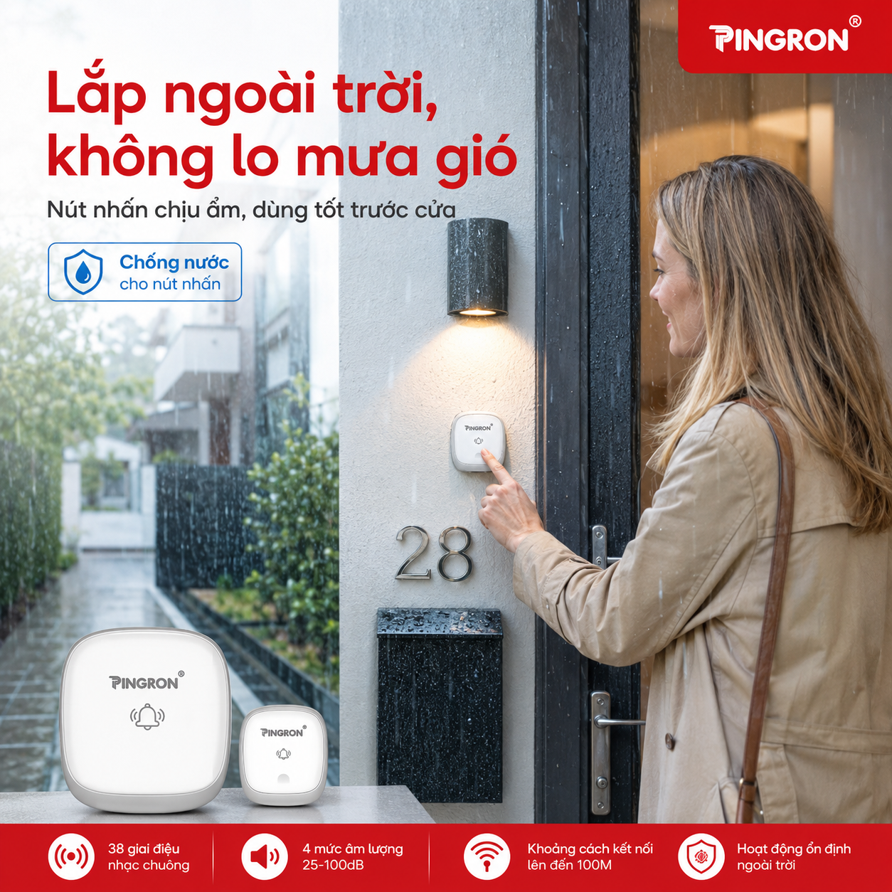 Nút nhấn chuông cửa PINGRON DB04 lắp ngoài trời chịu mưa và độ ẩm