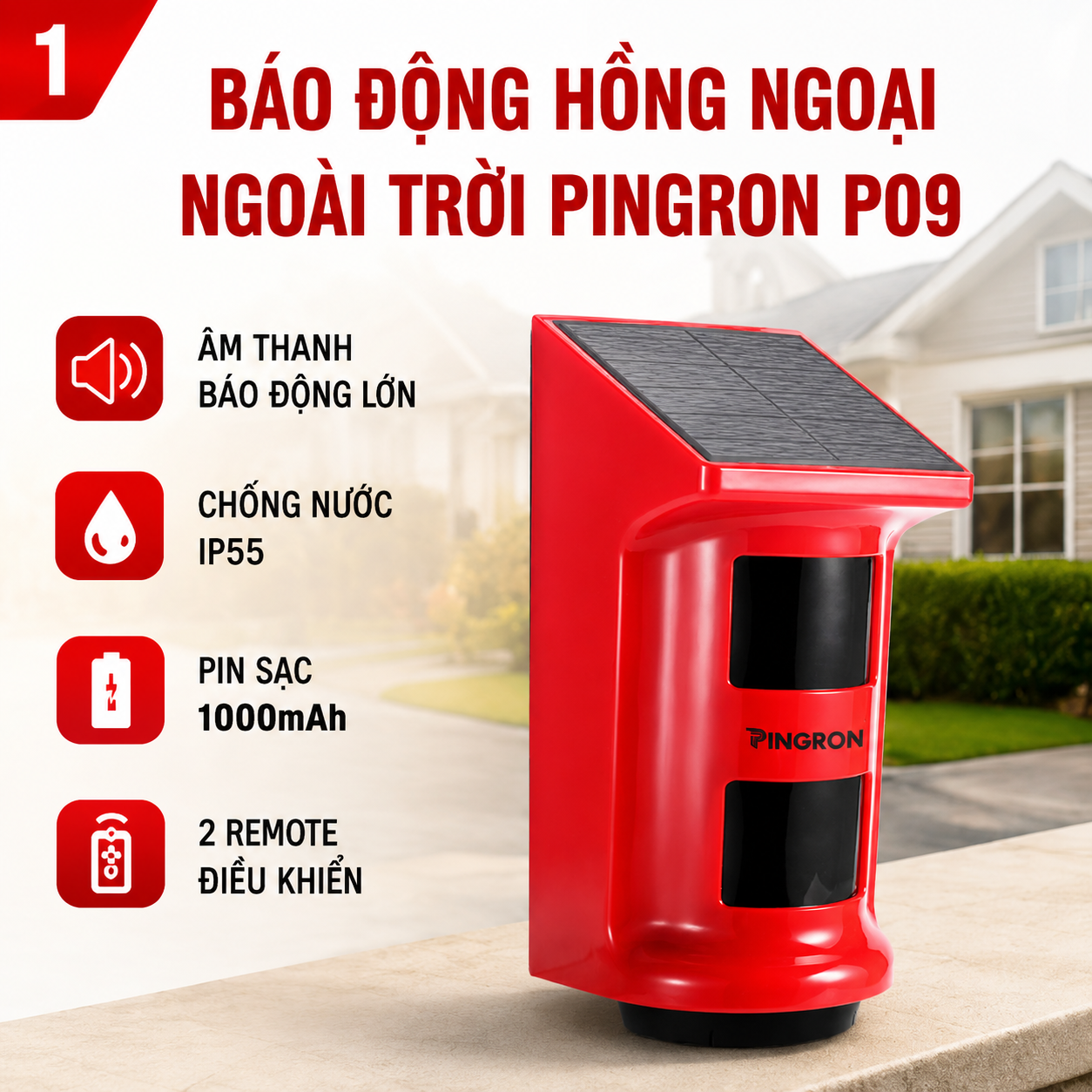 Thiết Bị Báo Động Chống Trộm Hồng Ngoại Ngoài Trời PINGRON P09 | Chống Nước, Âm Thanh Lớn 120dB