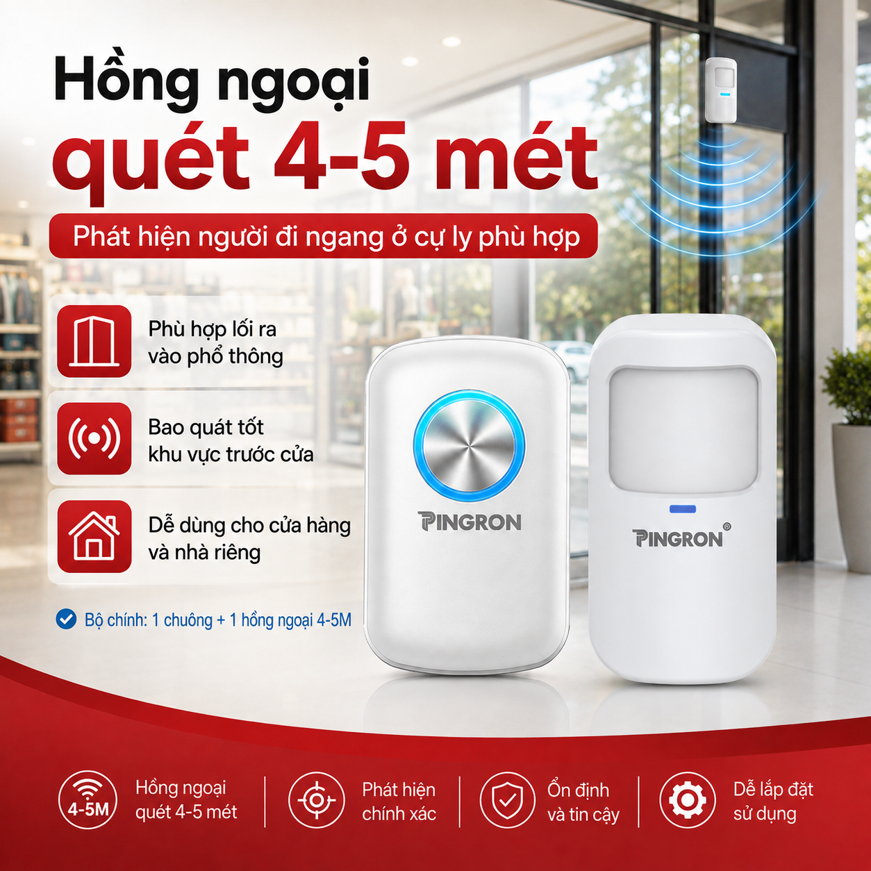 Cảm biến hồng ngoại PINGRON quét khoảng cách 4–5 mét tại cửa ra vào