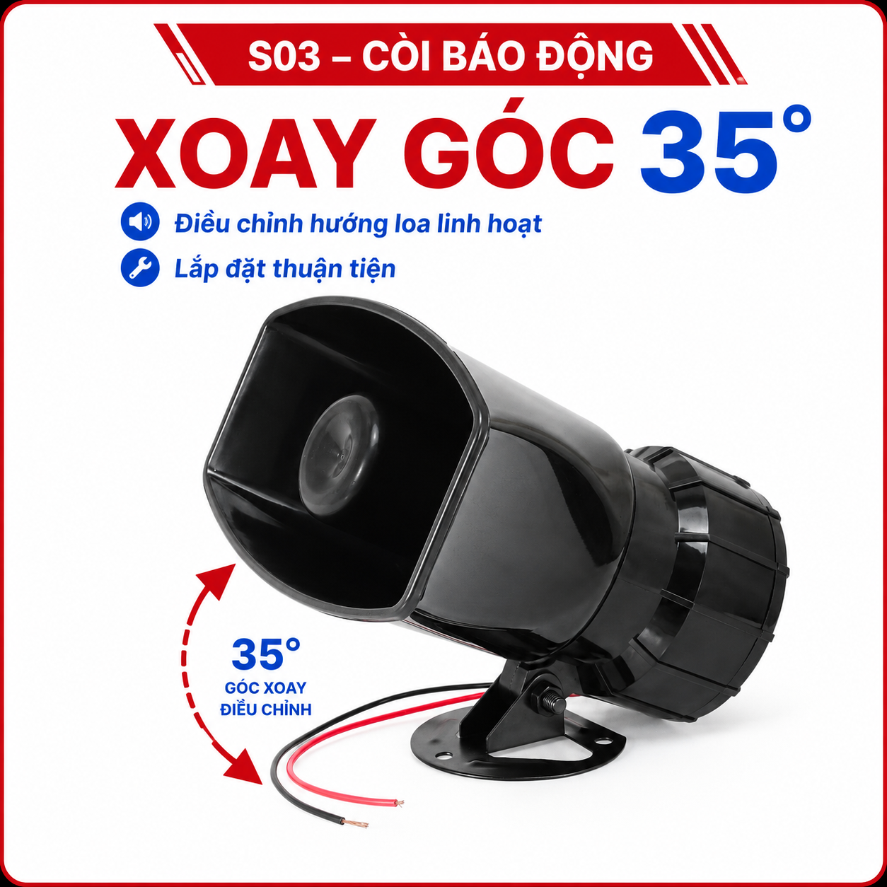Còi báo động S03 có chân đế điều chỉnh hướng khoảng 35 độ