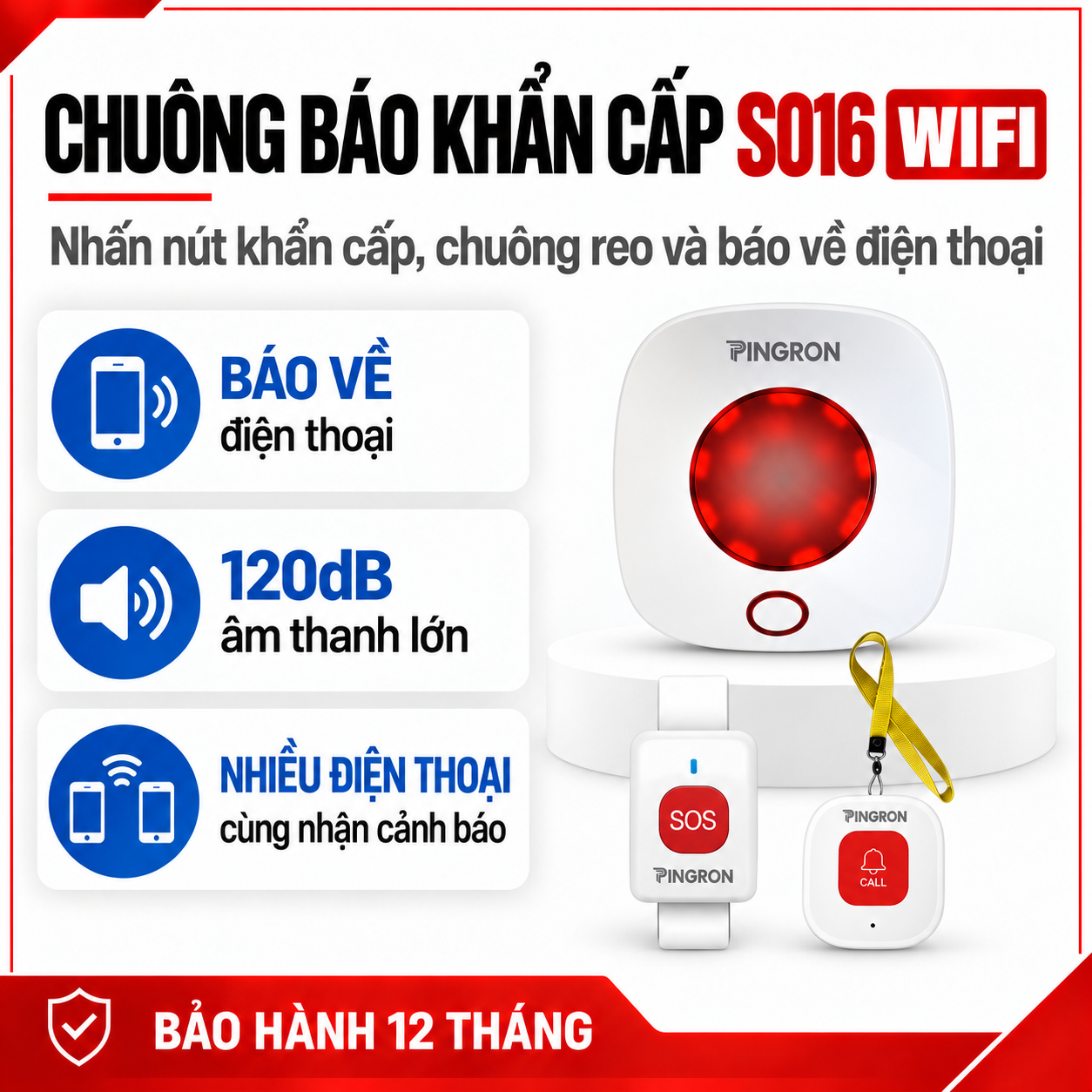 Chuông báo khẩn cấp người già Pingron S016W kèm nút SOS N03 / N02 / DB06