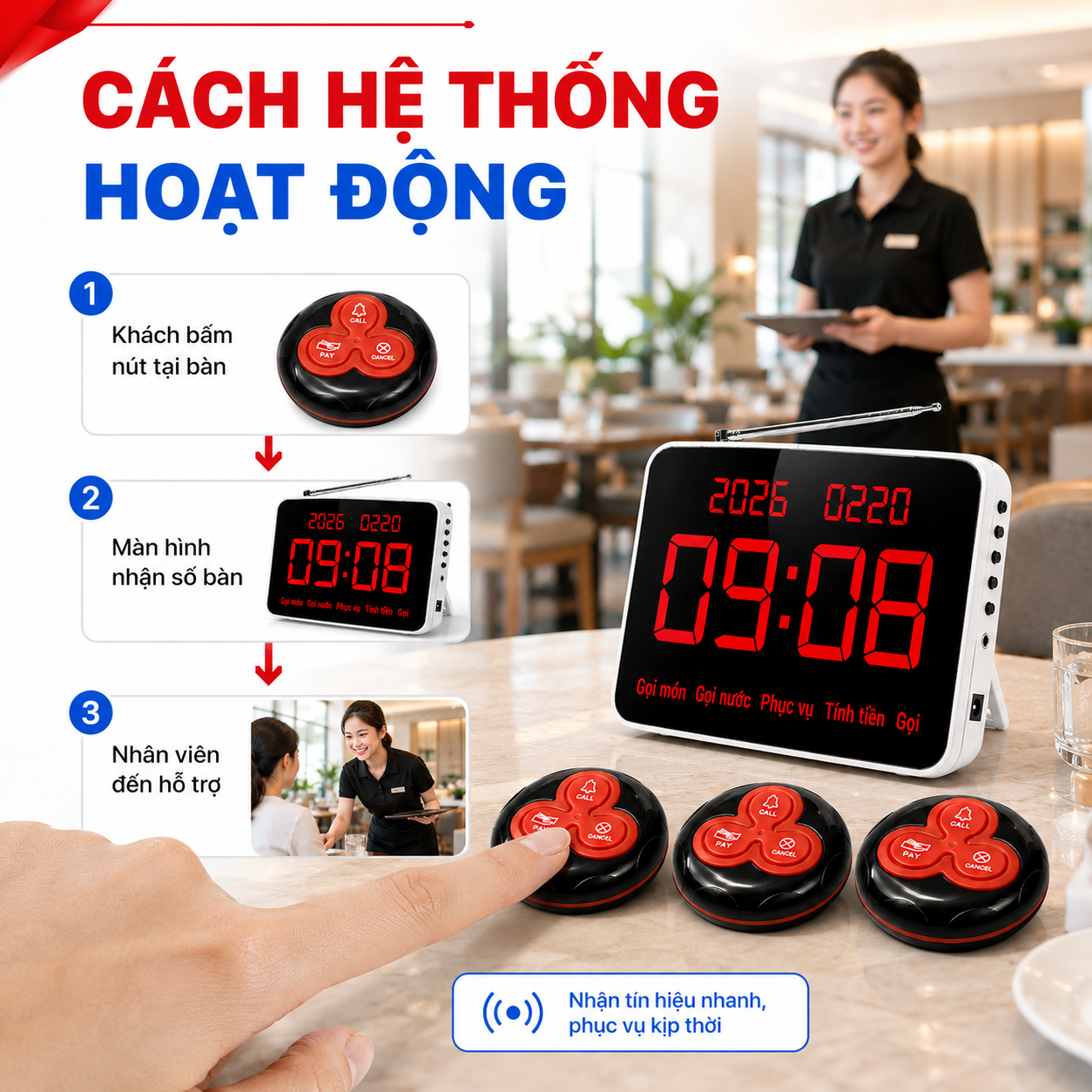 Cách hoạt động của hệ thống chuông gọi phục vụ không dây PV06-TV tại bàn