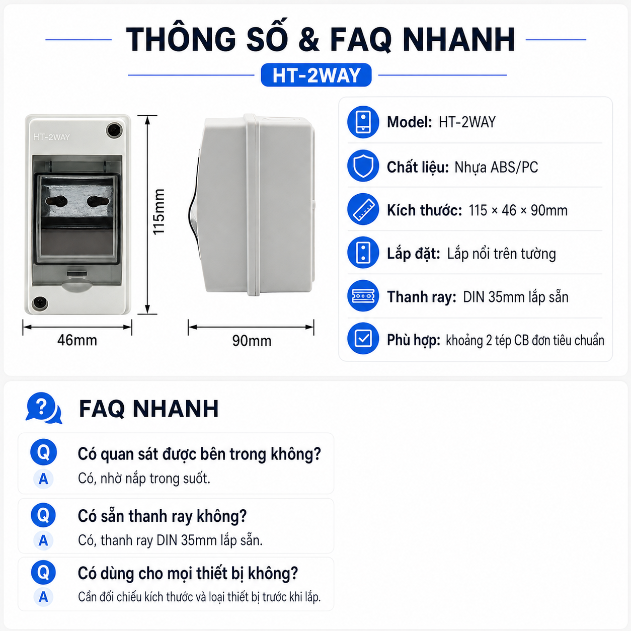 Hộp tủ điện chống nước lắp nổi HT-2WAY dùng cho CB, aptomat – ảnh 9