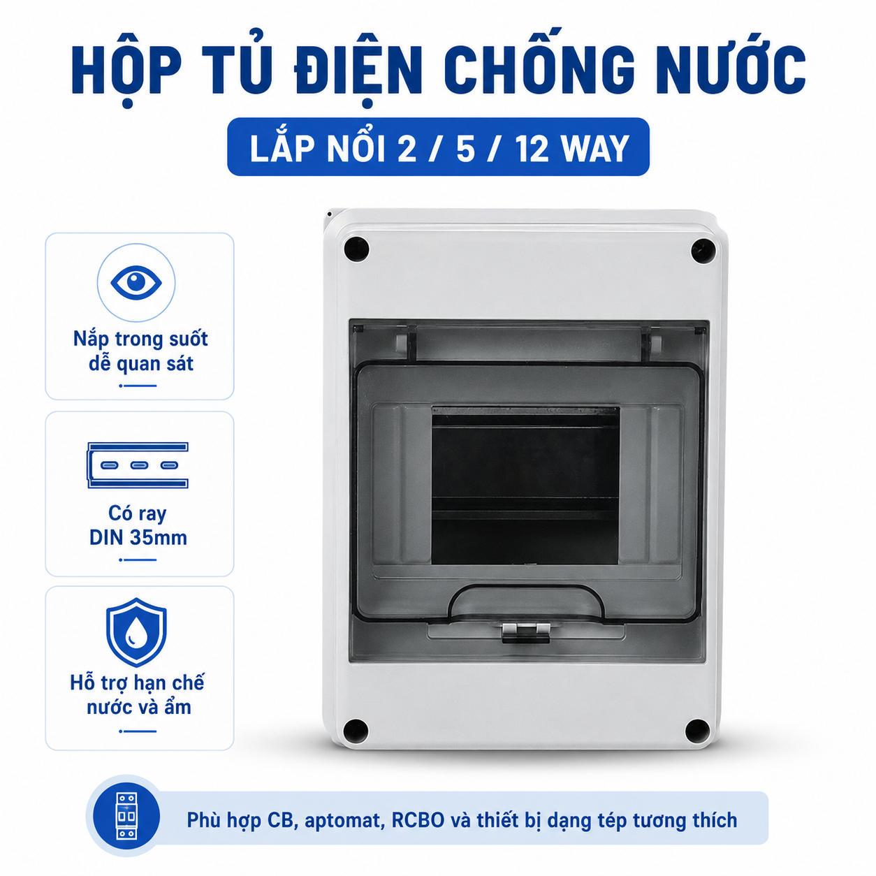 Hộp tủ điện chống nước lắp nổi 5 WAY dùng cho CB, aptomat