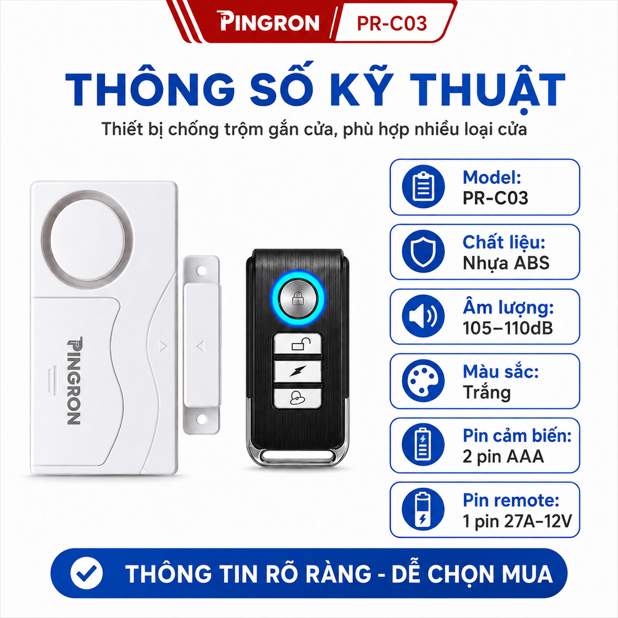 Thiết bị chống trộm gắn cửa PINGRON PR-C03, báo động 105-110dB, 3 chế độ – ảnh 8