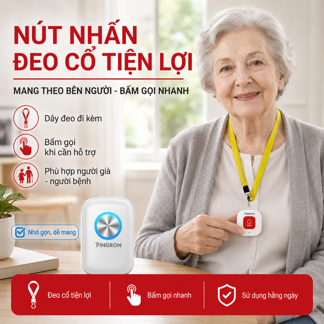 Nút nhấn khẩn cấp đeo cổ tiện lợi cho người lớn tuổi cần gọi hỗ trợ.