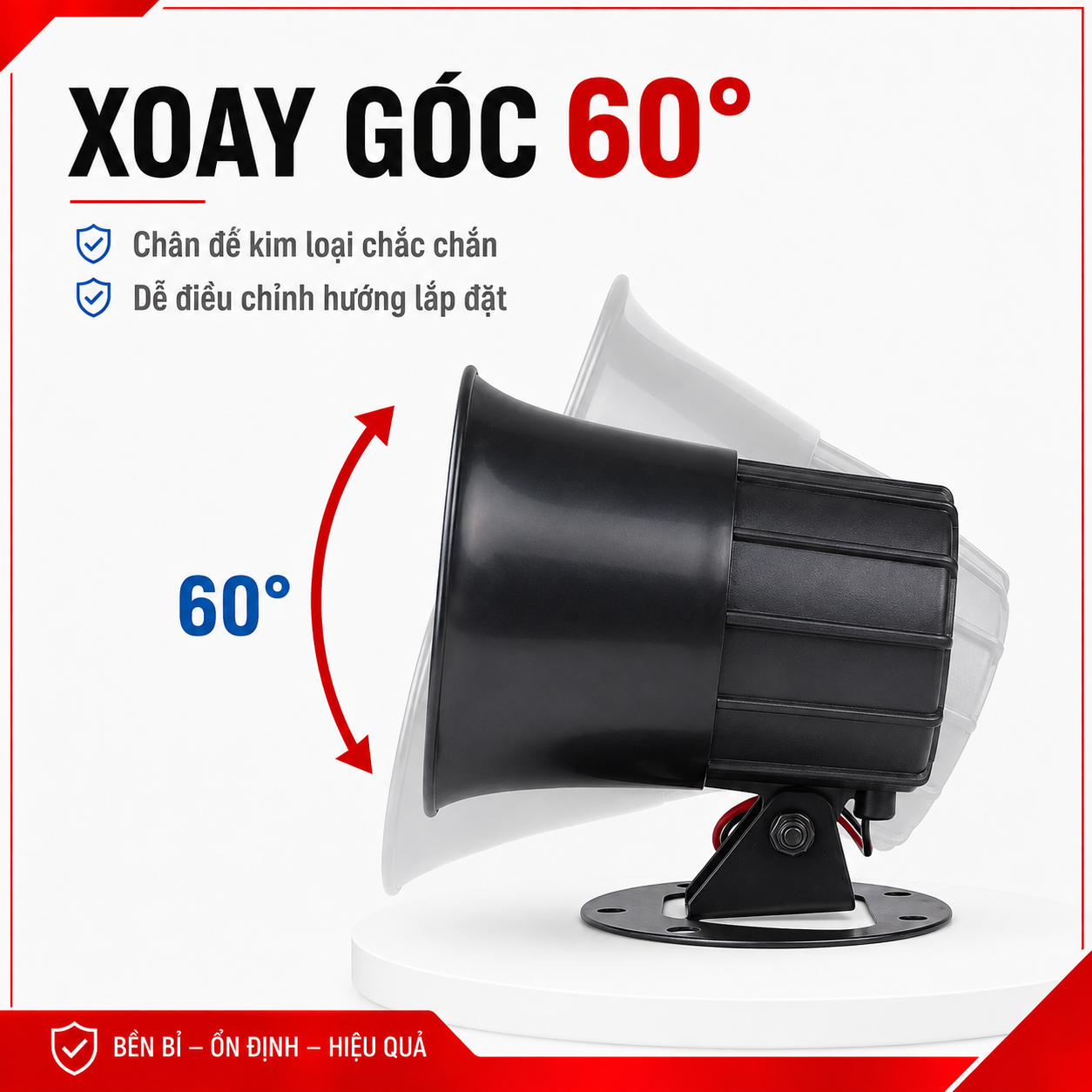 Còi PINGRON S02 với chân đế kim loại điều chỉnh góc khoảng 60 độ