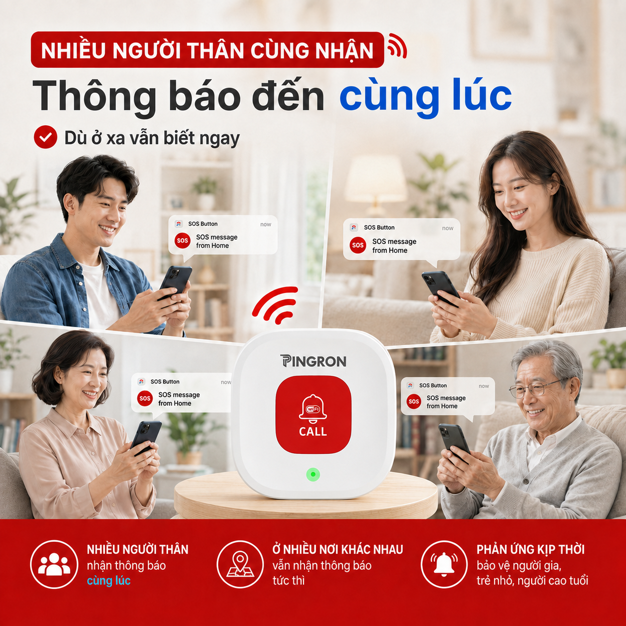 Chuông báo khẩn cấp PINGRON N01W chia sẻ cảnh báo cho nhiều người thân cùng lúc