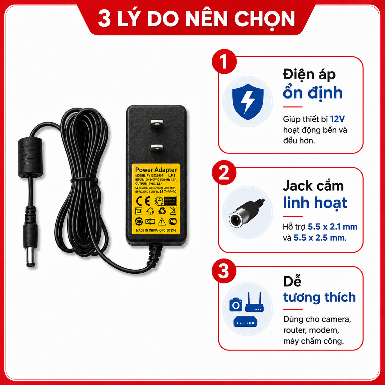 Nguồn Adapter 12V 2.5A  Sử Dụng Cho Các Thiết Bị Điện Dùng Nguồn 12V – ảnh 4