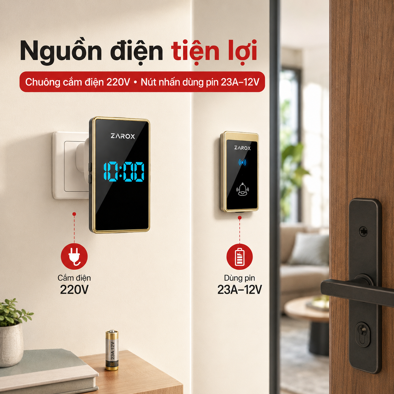 Chuông ZAROX ZD07 dùng điện 220V và nút nhấn dùng pin 23A 12V