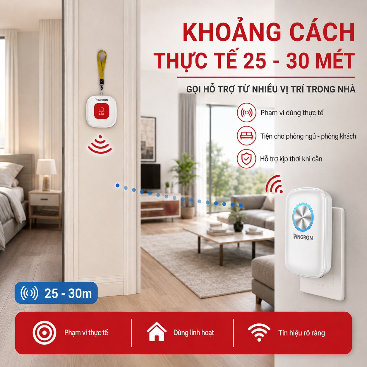 Chuông báo khẩn cấp kết nối không dây khoảng cách 25-30M