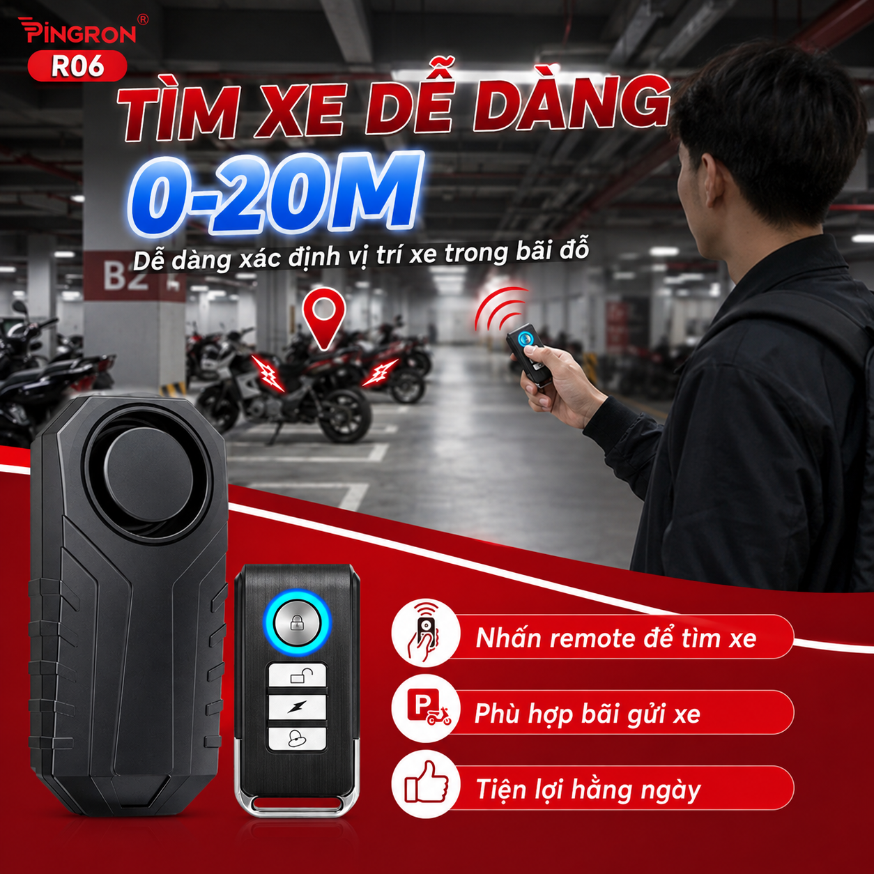 Remote PINGRON R06 hỗ trợ tìm xe trong phạm vi 0 đến 20 mét