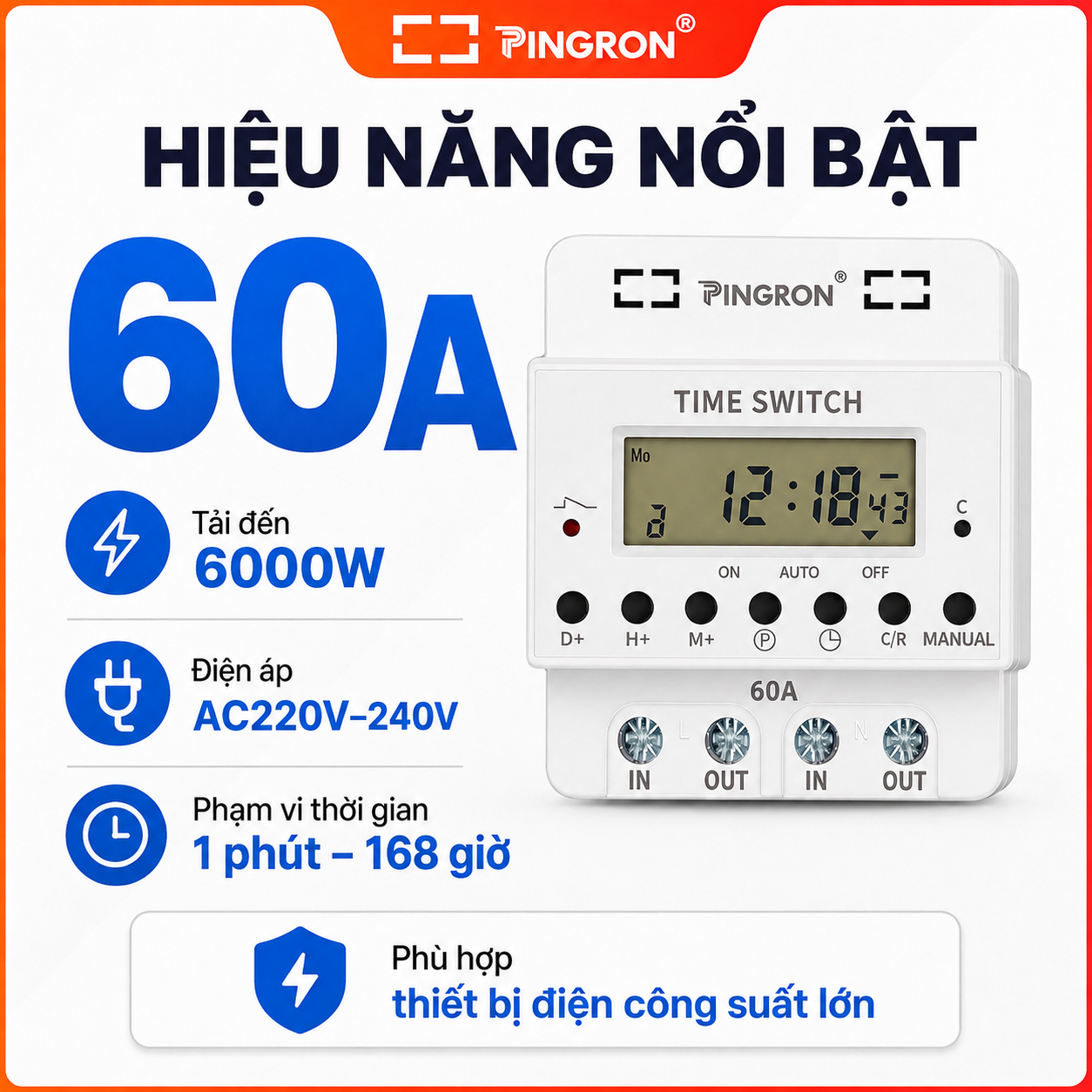 Công tắc hẹn giờ công suất lớn PINGRON HG60/HG80 220V – ảnh 4
