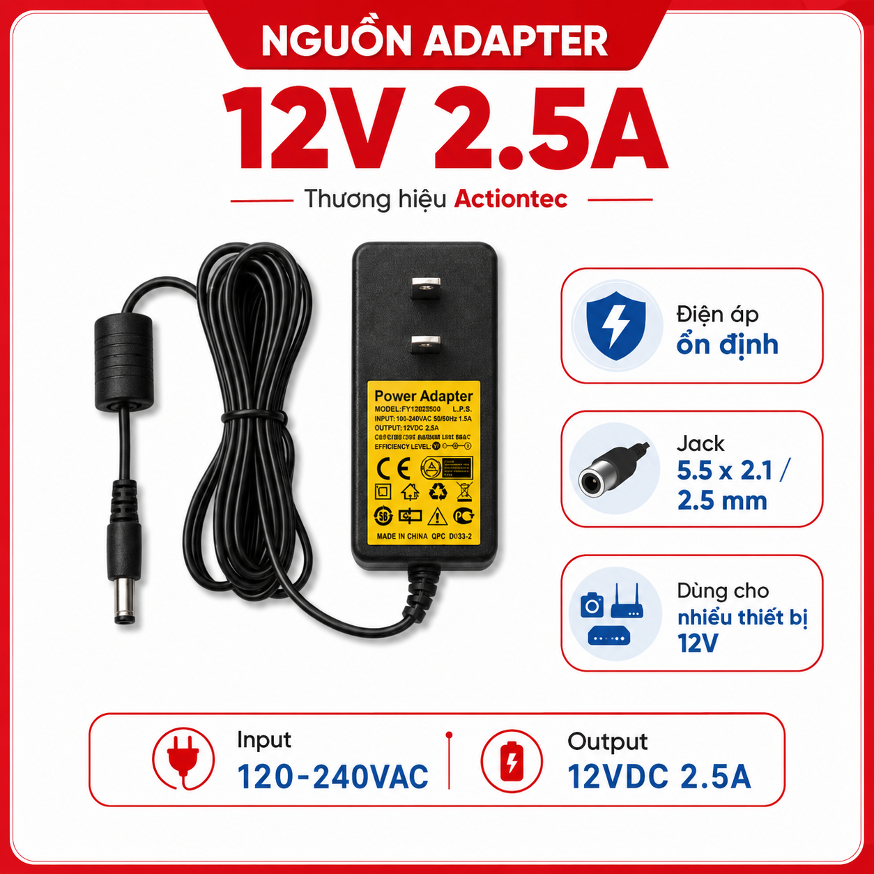 Nguồn Adapter 12V 2.5A  Sử Dụng Cho Các Thiết Bị Điện Dùng Nguồn 12V