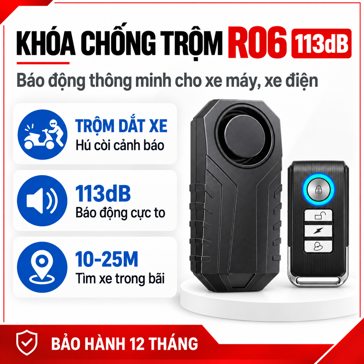 Khóa Chống Trộm Xe Máy PINGRON R06 | Còi Hú To 113dB, Tìm Xe Trong Bãi
